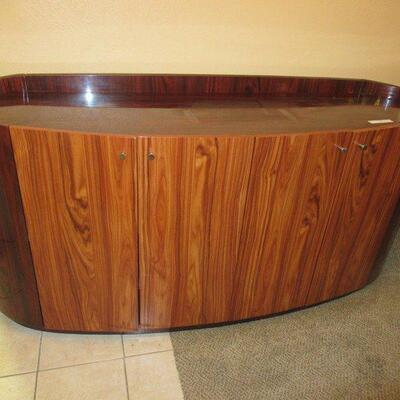 CONTEMPORARY MODERN WOOD OVAL BUFFET CABINET 72” X 21” X 33” CONTENTS NOT INCLUDED!