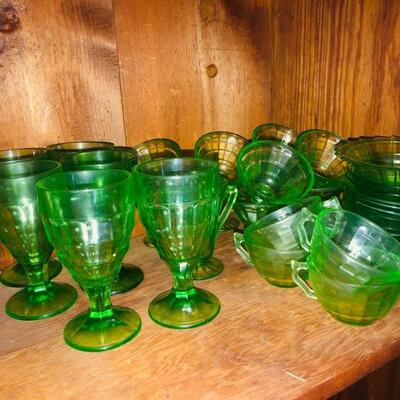 Uranium Glass, Cups & Saucers and sandwich plates available
