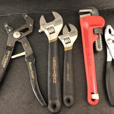 (5) Tools: Craftsman Robo Grip Pliers, 2- Craftsman Crescent Wrenches, 1- Ace Brand Pipe Wenches, 1- Unmarked Pliers