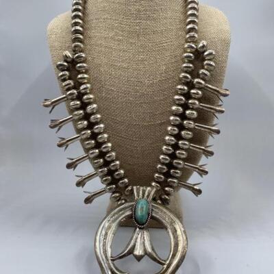 Vintage 925 Silver & Turquoise Squash Blossom Necklace