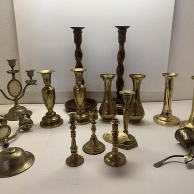 (15) Brass and Wood Candlestick Holders and Vases
