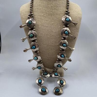 925 Silver and Turquoise Squash Blossom Necklace