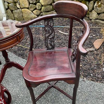 2 Asian Dark Cherry Solid Carved Rosewood Serpent Corner Chairs 