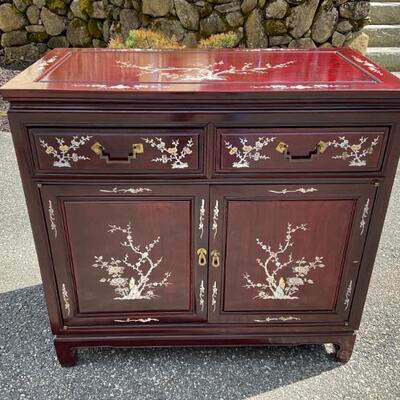Asian Dark Cherry Solid Rosewood Sideboard with elegant flower Mother of Pearl inlay. 