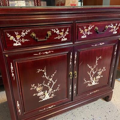 Asian Dark Cherry Solid Rosewood Sideboard with elegant flower Mother of Pearl inlay. 