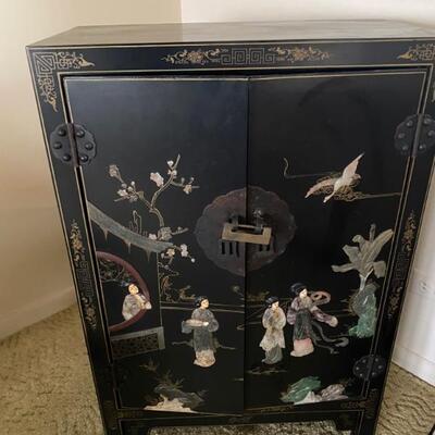 Vintage Hand Painted Chinese Chinoserie Mother of Pearl Cabinet. Hong Kong