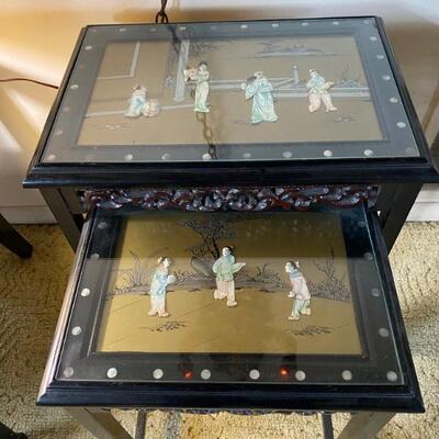 Chinese Chinoserie Nesting Tables Mother of Pearl Scenry Motif