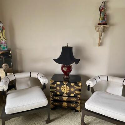 James Mont White Silk Arm Chairs, Chinese Chinoserie