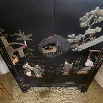 Vintage Chinese Chinoserie Mother of Pearl, Hand Painted Cabinet. Hong Kong