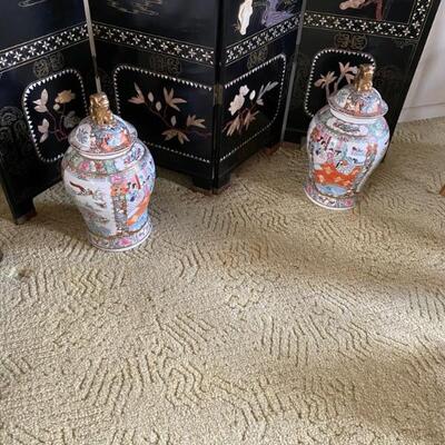 Chinese Rose Famille Ginger Jars with Foo Dogs Lid