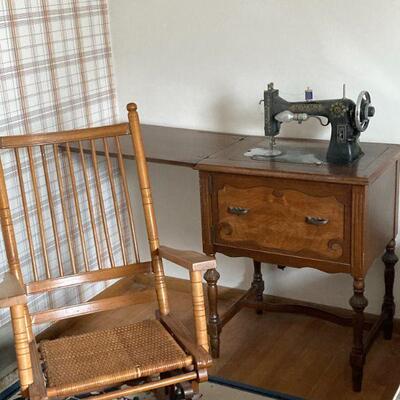 Franklin sewing machine and antique platform rocker