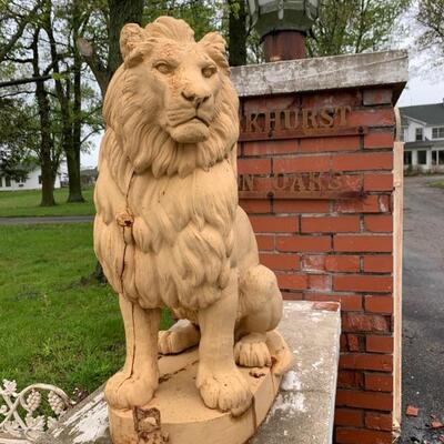 Cast Iron/Stone Seated Lions Pair