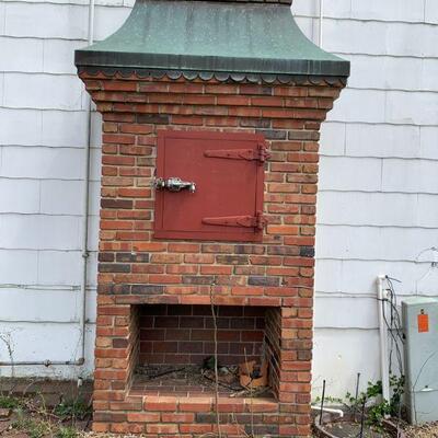 Brick, wood box door, patina firebox hood