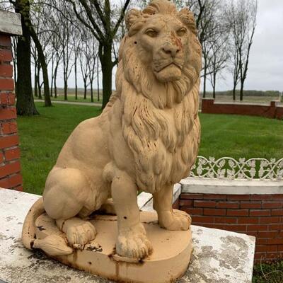 Pair Cast Iron Cast Stone Seated Lions