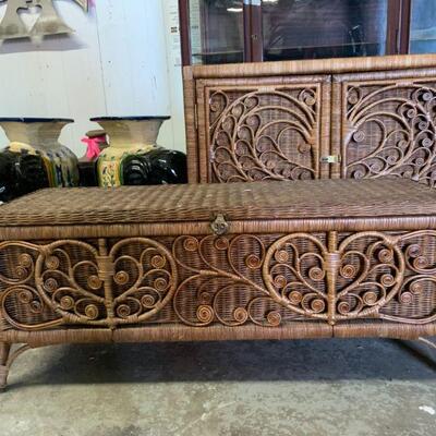 vintage rattan wicker bench