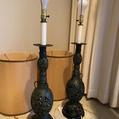 vintage Japanese bronzed iron filigree vessel lamps