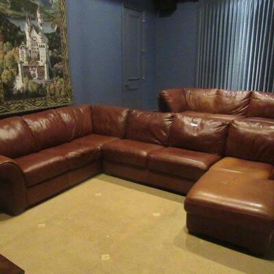 NICE 4 PIECE DIVANI CHATEAU D' AX ITALIAN BROWN LEATHER SECTIONAL COUCH SET POLYSETER FIBER 137â€ X 97â€ AND 97â€ X 37â€