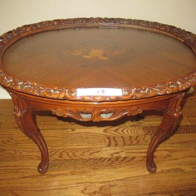 VINTAGE ROCOCO REVIVAL TABLE WITH GLASS TOP AND INLAY 20 Â½â€ X 28â€ X 20â€