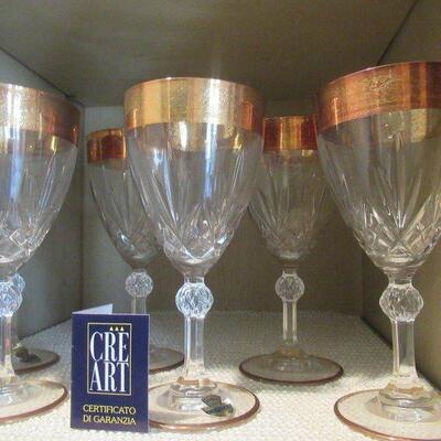6 LEAD HAND CUT CRYSTAL GOBLETS WITH 24K GOLD PLATE TRIM