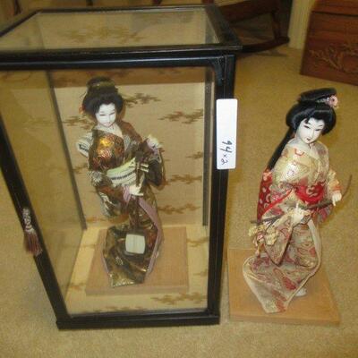2 VINTAGE JAPANESE HAKATA DOLLS WITH ONE GLASS DISPLAY CASE PLEASE PREVIEW!