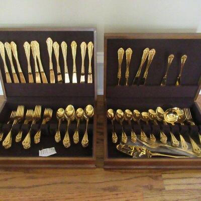 NATIONAL STAINLESS GOLD TONE CASBAH JAPAN FLATWARE SILVERWARE WITH CHESTS
