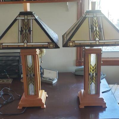 pair of newer slag glass mission lamps