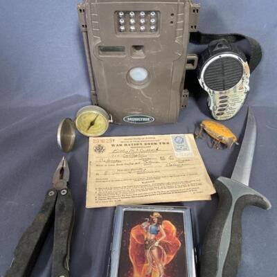 Vintage: WWII Ration Book, Radio, Compass, Cards, Fishing Lure, Multi Tool, Knife, Wildlife Calls
