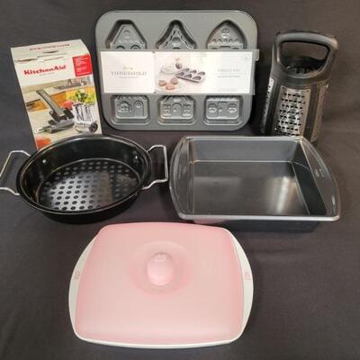 NIP Cakelet Pan, KitchenAid Rotary Grater, Steam Insert, Square Cake Pan, and Covered Casserole