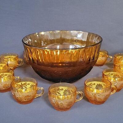 (12) Vintage Amber Indiana Glass Tiara: 11- Cups +
1- Punch Bowl