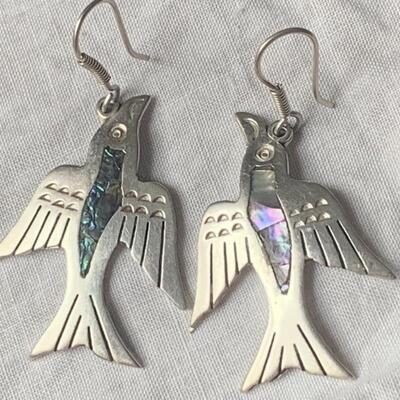 Sterling Silver and Abalone Dangle Quetzal Bird Earrings