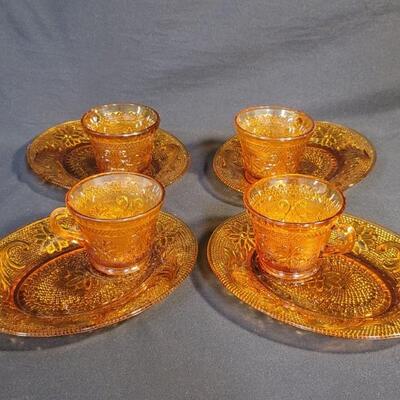 (4) Vintage Amber Indiana Glass Tiara Snack Sets