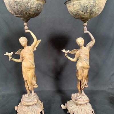 (2) Antique Bronze Figural Angel Vases