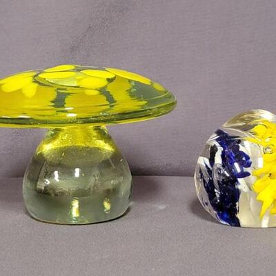 (2) Blown Glass Mushroom and Paper Weight