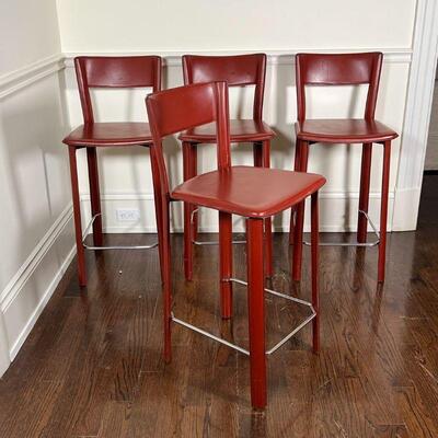(4pc) RED LEATHER STOOLS | h. 36 x w. 16 x d. 16 in.