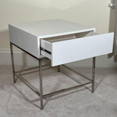 WEST ELM BEDSIDE STAND | White lacquered drawer and case on a chrome frame; h. 22 x 20 x 22 in.