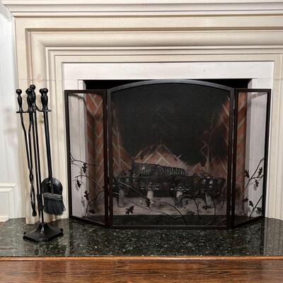 FIREPLACE EQUIPMENT | Including a set of four tools on a stand and a three-section screen