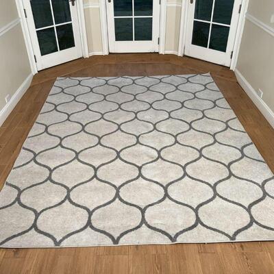 CONTEMPORARY CARPET | Grey pattern on a beige field; 7 ft. 10-1/2 in. x [some staining]