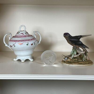 (3pc) MISC. DÃ‰COR | Including a bisque Purple Martin figure by Andrea, a glass paperweight with mouse signed indistinctly, and a lidded...