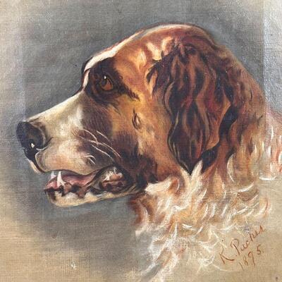 OIL PORTRAIT of DOG | Oil on canvas painting of a dog, signed K. Pucker and dated 1895, in a wood frame; overall 18 x 14-3/4 in.