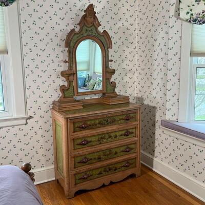 COUNTRY PAINTED DRESSER | Painted with birds, faux inlay and green leather, having four full width drawers with carved wood pulls and a...