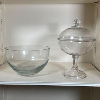 (2pc) GLASS TABLEWARE | Including a covered compote dish with domed lid (h. 13 in.) and a round center bowl (dia. 10 in)