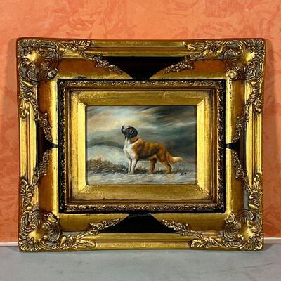 OIL PAINTING of DOG | Mountain dog standing four-square in a snowscape
Oil on board
signed with initials R. T. lower right in a gilt...