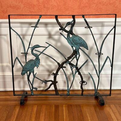 MIXED METAL FLOOR SCREEN | Decorative fire screen with patinated birds and reeds in a cast iron frame with outset rings for mounting...
