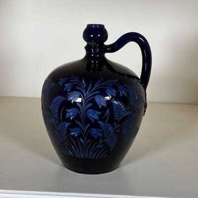 BURLEY & CO JAR | Blue pottery jar by Burley & Co Chicago, with paper label on bottom and stamped no. 448; h. 8 x w. 6 in