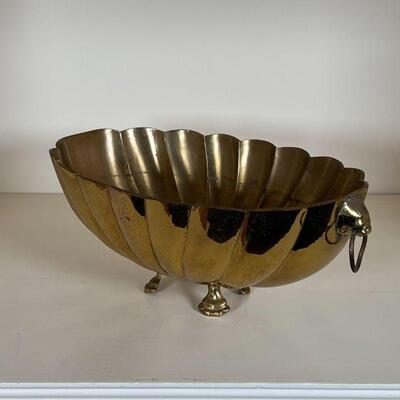 BRASS FOOTED BOWL | Heavy! Scalloped bowl on four paw feet; h. 4-3/4 x w. 12-1/2 x d. 8 in.