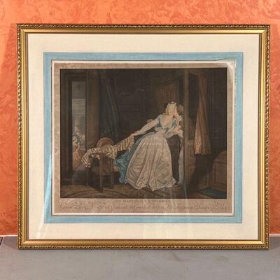 ANTIQUE FRENCH ENGRAVING | Showing a man courting a young woman in a fancy dress, nicely matted and framed; sight 16 x 19 in.; overall 24...