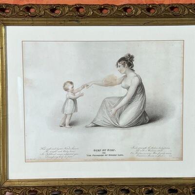 (2pc) CHILD ENGRAVINGS | Scenes of motherhood, c. 1809, each in a gilt carved frame; overall 13-1/2 x 16-1/4 in.