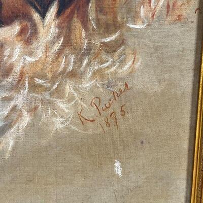 OIL PORTRAIT of DOG | Oil on canvas painting of a dog, signed K. Pucker and dated 1895, in a wood frame; overall 18 x 14-3/4 in.
