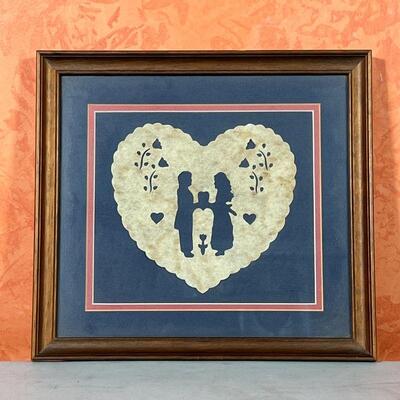 ANTIQUE PAPER SILHOUETTE | Shaped as a heart with a couple in the center, matted and framed; 6-1/4 x 6-3/4 in; overall 11-1/4 x 12-1/4 in.