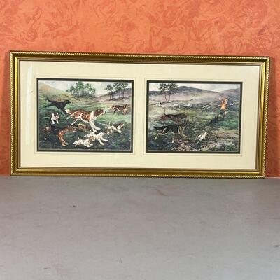 PAIR FRAMED PRINTS | Including a pair of prints of illustrations by Robert Aitcrer(?) showing a boy and dogs in a snowy landscape and a...